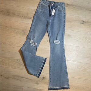 Express Distressed Light Blue Flare High Rise Ultra Hyper Stretch Jeans Size: S
